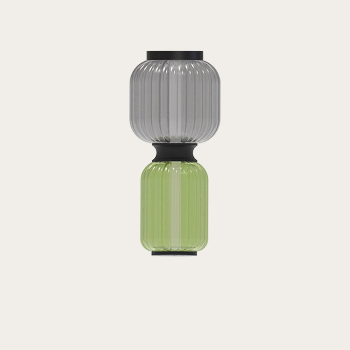 Plafonnier Greenberry en verre soufflé vert et gris par Robin Lamps plafonnier Greenberry en verre soufflé cannelé gris et vert, vue en ambiance sur fond beige