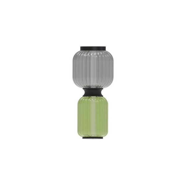 plafonnier Greenberry avec globe gris fumé et globe vert en verre soufflé cannelé, vue de face