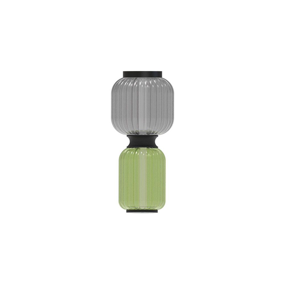 plafonnier Greenberry avec globe gris fumé et globe vert en verre soufflé cannelé, vue de face
