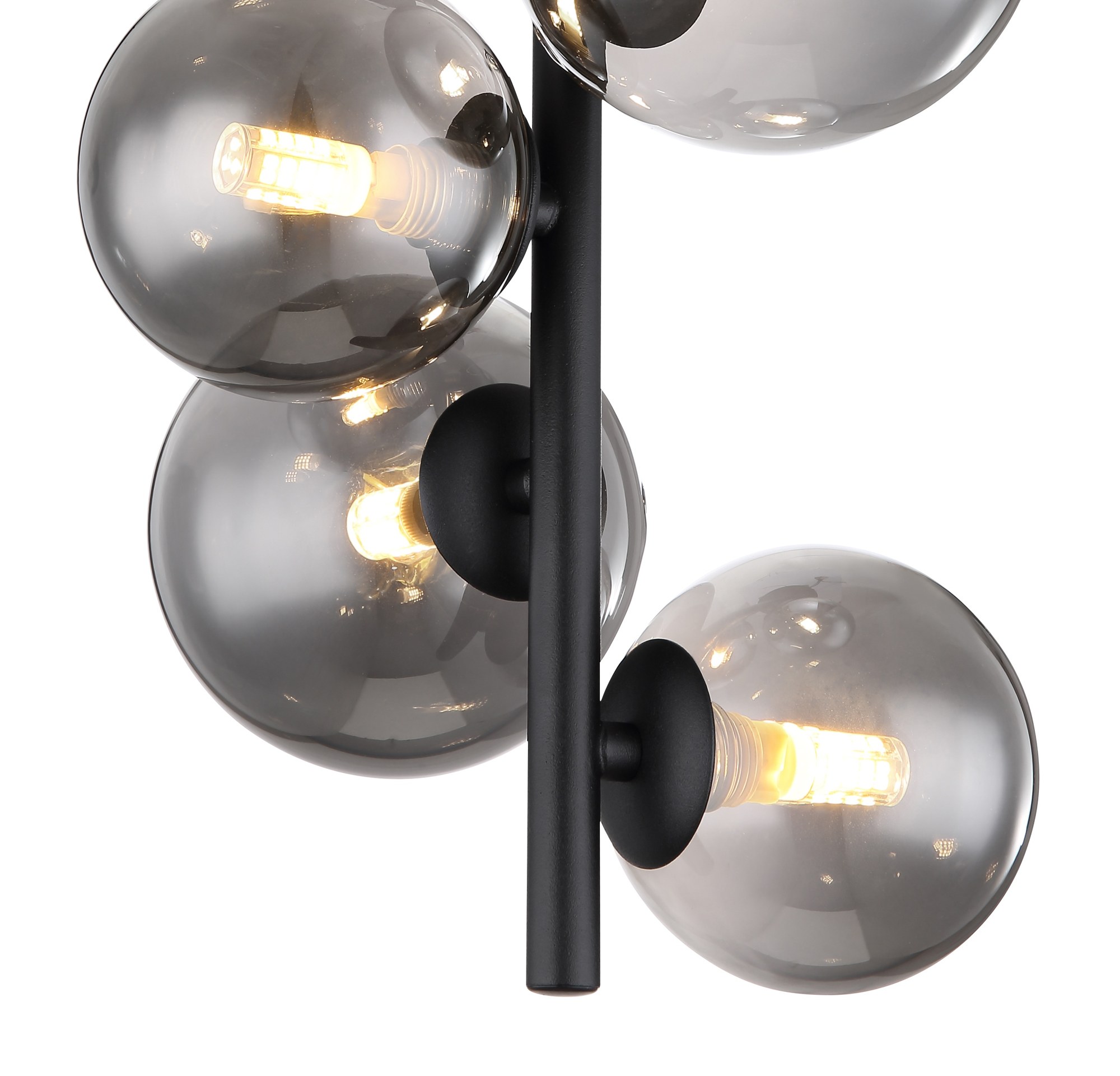 Plafonnier tige 4 boules verre fumé, métal noir mat, hauteur 40 cm plafonnier tige 4 boules verre fumé détail des boules de verre fumé et des ampoules G9