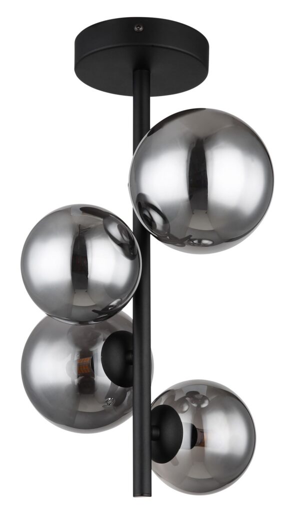 plafonnier tige 4 boules verre fumé tige noire et 4 boules de verre fumé, éteint
