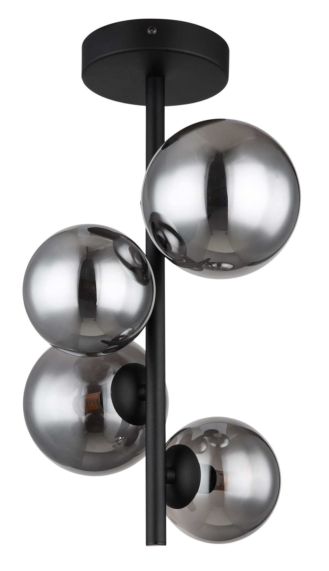 Plafonnier tige 4 boules verre fumé, métal noir mat, hauteur 40 cm plafonnier tige 4 boules verre fumé tige noire et 4 boules de verre fumé, éteint