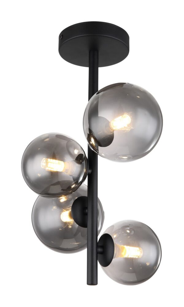 plafonnier tige 4 boules verre fumé tige noire et 4 boules de verre fumé, vue allumée sur fond blanc