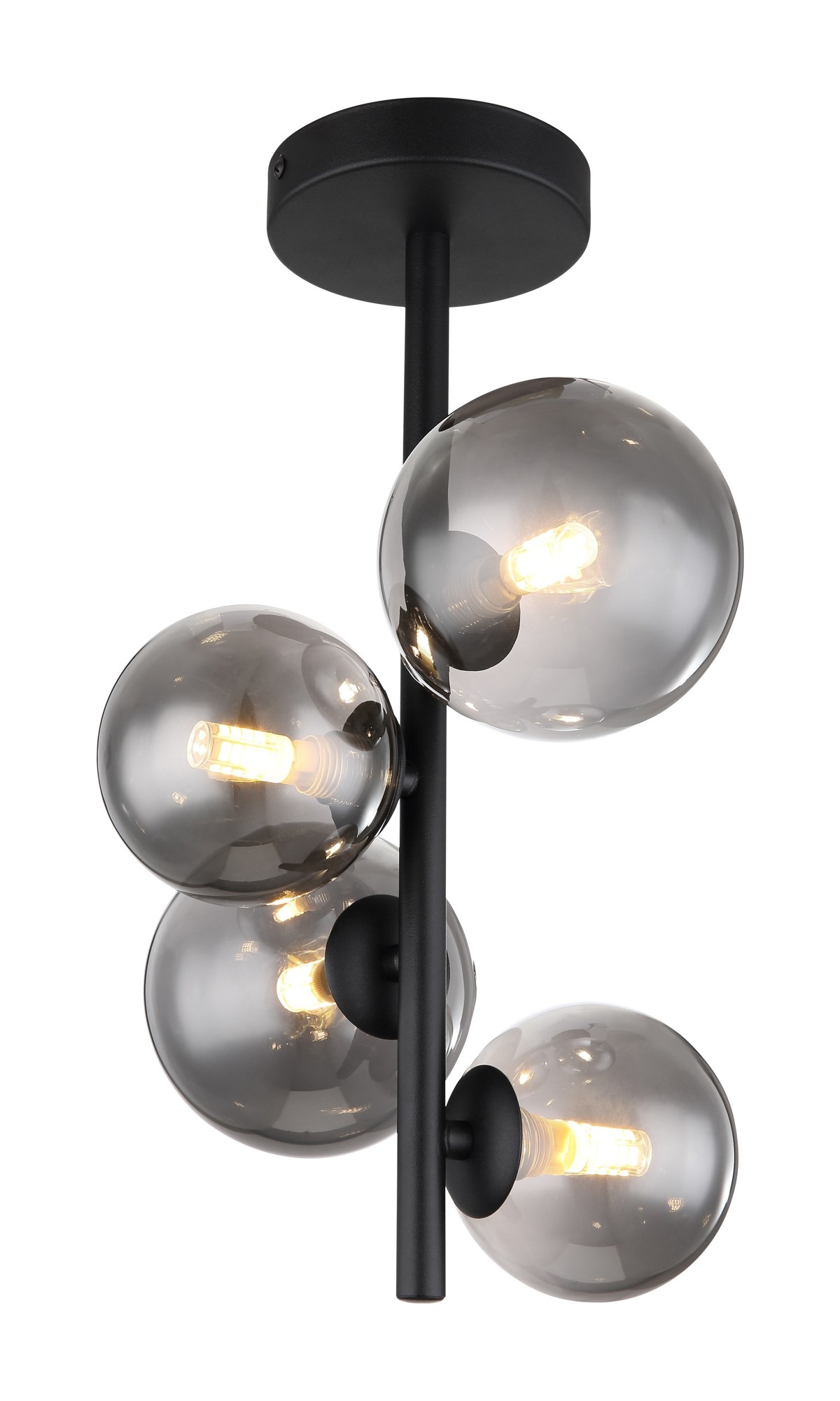 Plafonnier tige 4 boules verre fumé, métal noir mat, hauteur 40 cm plafonnier tige 4 boules verre fumé tige noire et 4 boules de verre fumé, vue allumée sur fond blanc