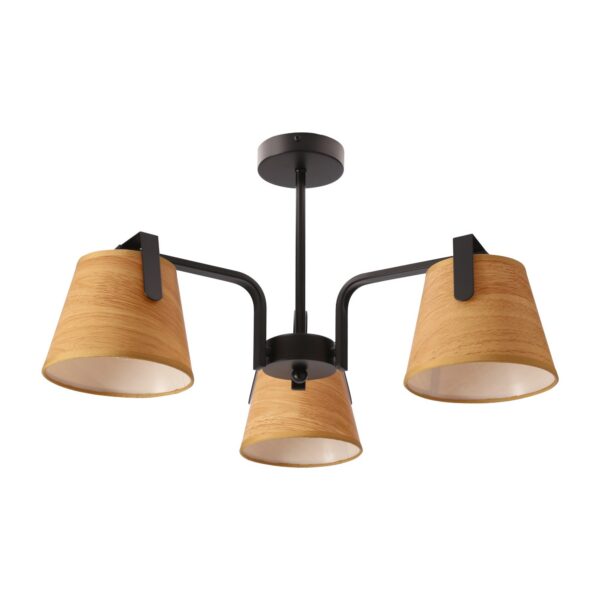 plafonnier trois abat-jour aspect bois sur fond blanc