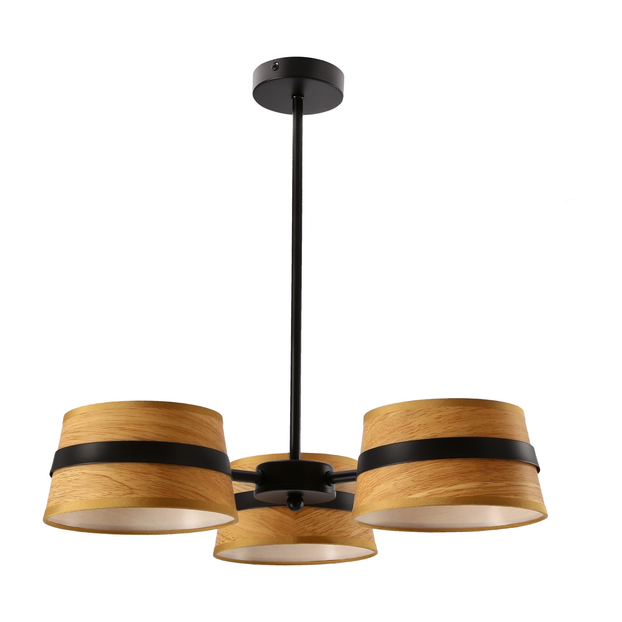 Plafonnier trois abat-jour effet bois et métal noir, E14, 48 cm plafonnier trois abat-jour effet bois sur fond blanc