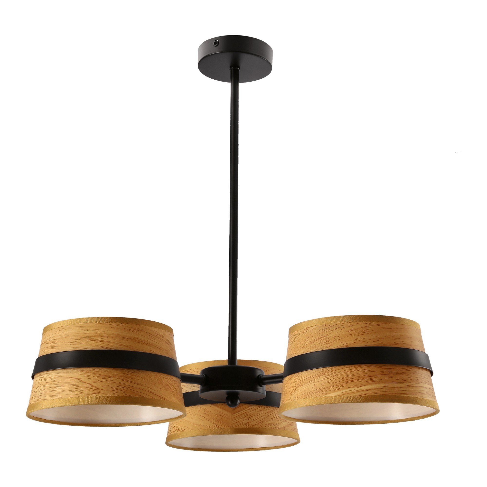 Plafonnier trois abat-jour effet bois et métal noir, E14, 48 cm plafonnier trois abat-jour effet bois vue rapprochee du plafonnier