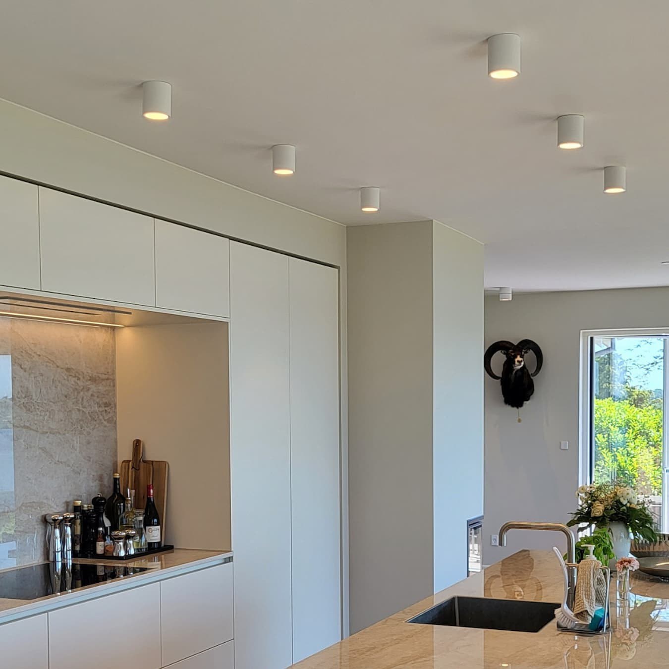 plafonnier Tube Ceiling Antidark blancs alignés au plafond d'une cuisine