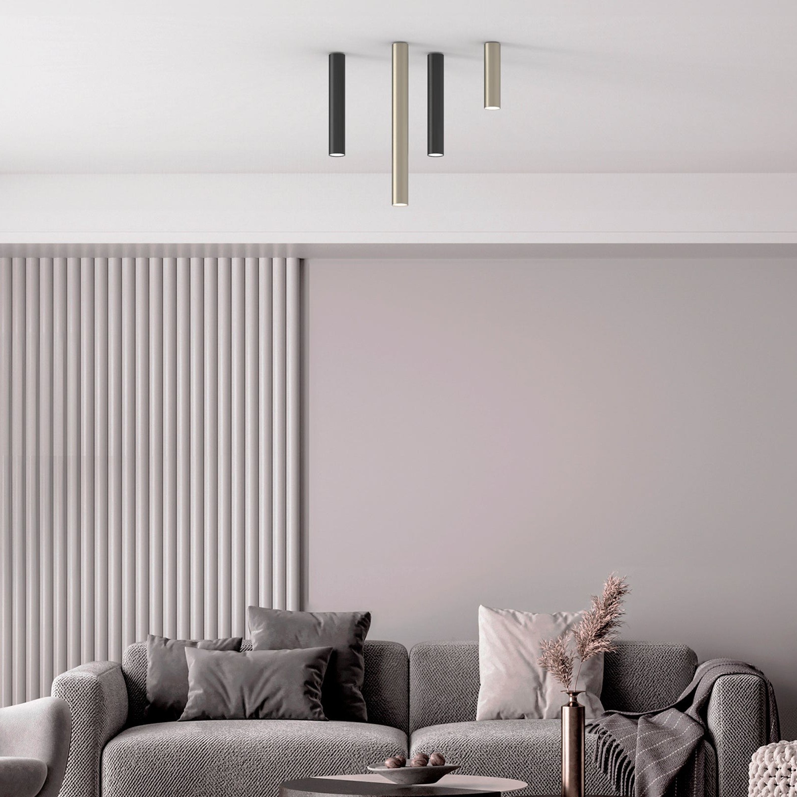 Plafonnier tube Rose en fer par Robin Lamps plafonnier tube Rose tubes noirs et laiton fixés au plafond du salon, ouverture tournée vers le bas