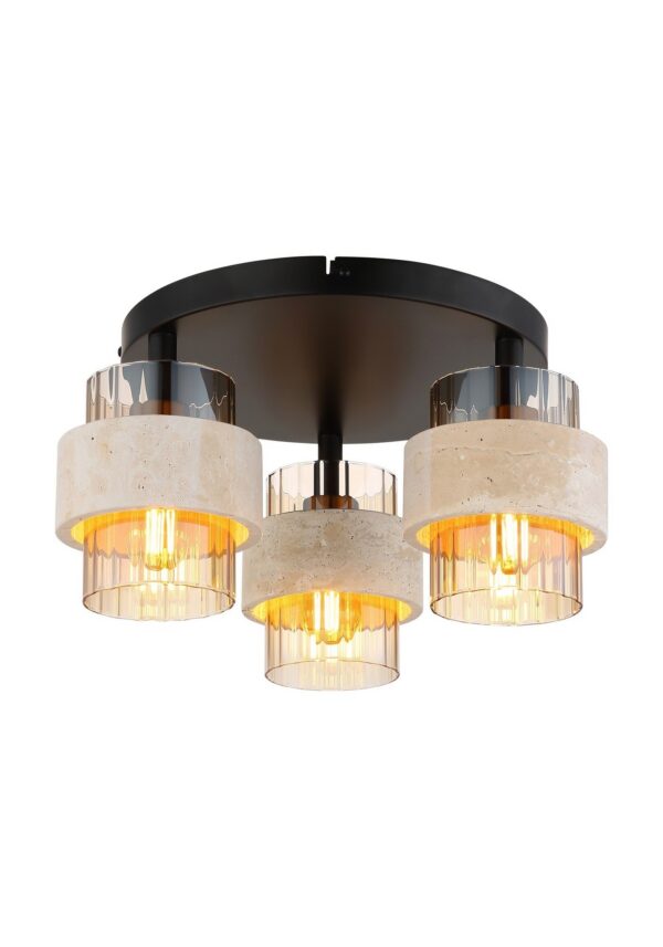 plafonnier verre ambre travertin 3 lumières, abat-jours rainurés et anneaux de pierre sur fond blanc
