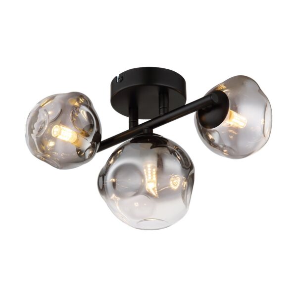 plafonnier verre fumé noir 3 lumières, trois verres bosselés sur support noir, fond blanc