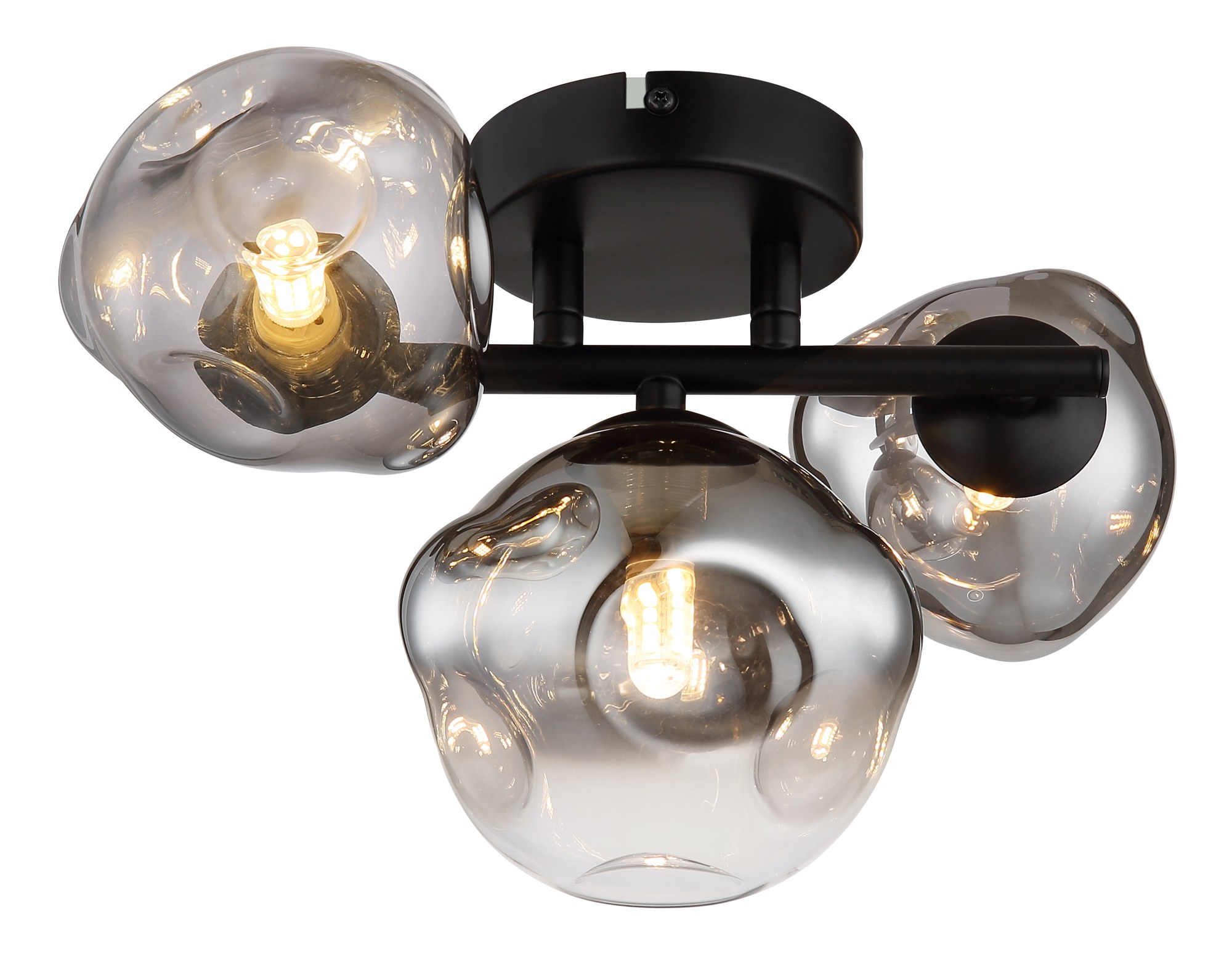 Plafonnier verre fumé noir, 3, 6 ou 9 lumières G9 plafonnier verre fumé noir 3 lumières, vue de côté sur fond blanc