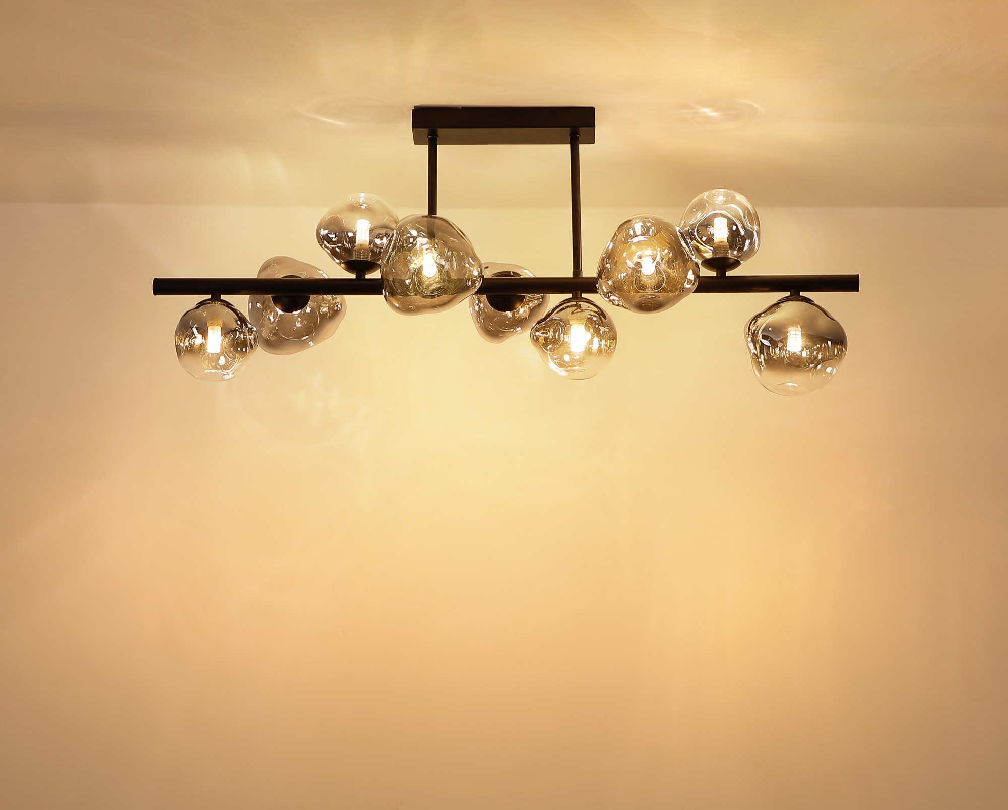 Plafonnier verre fumé noir, 3, 6 ou 9 lumières G9 plafonnier verre fumé noir 9 lumières allumé, lumière chaude au plafond