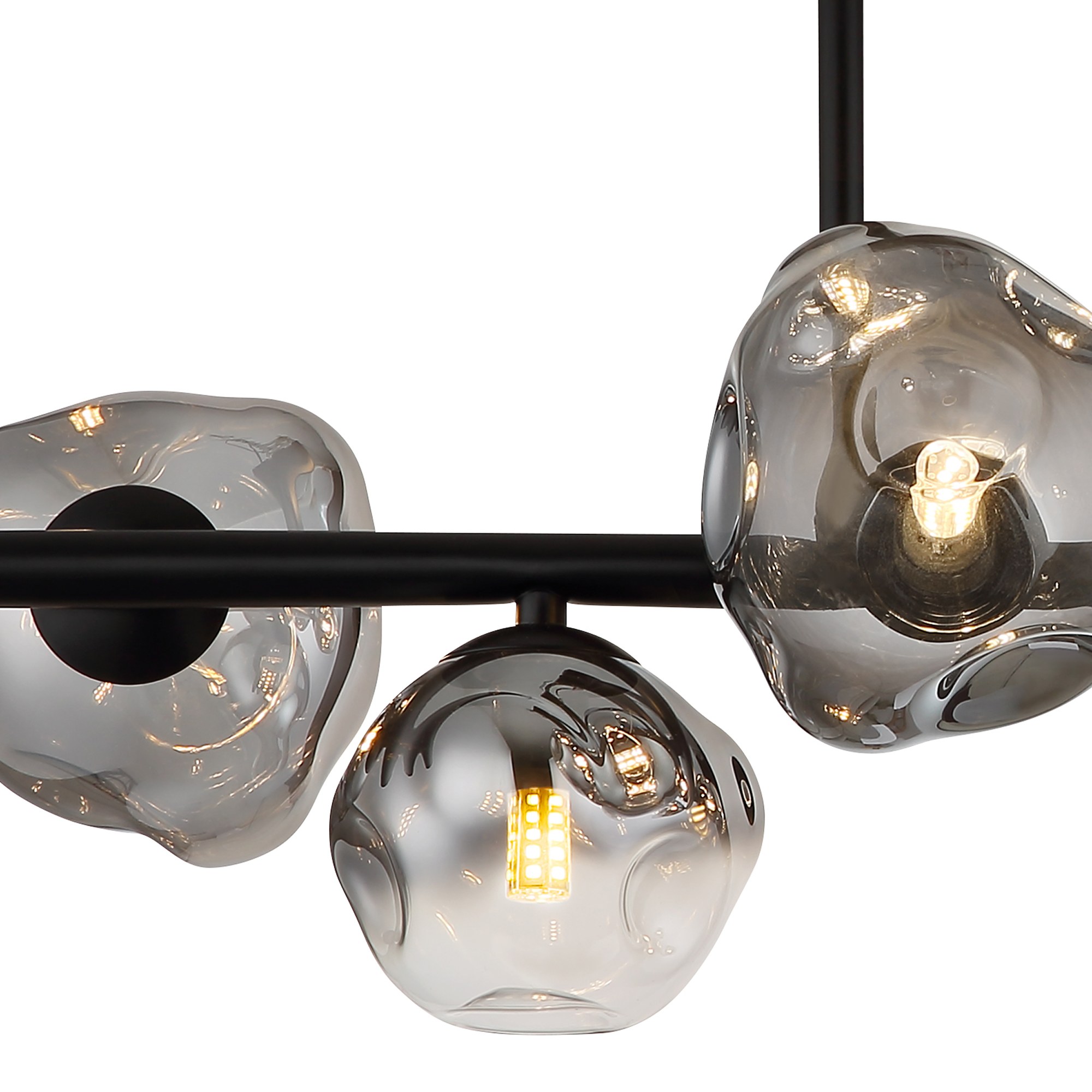 Plafonnier verre fumé noir, 3, 6 ou 9 lumières G9 plafonnier verre fumé noir gros plan sur les verres bosselés et la barre noire, version 6 lumières