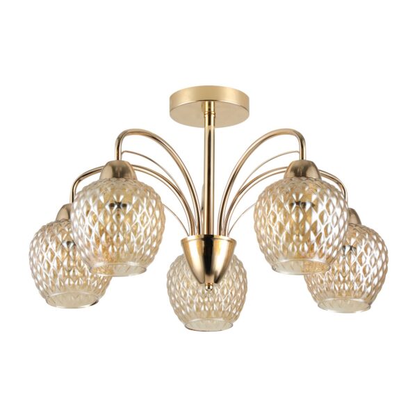 plafonnier vintage verre ambré 5 lumieres sur fond blanc