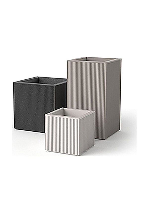 pot carré extérieur design Gatsby Vondom trois cubes cannelés anthracite taupe et blanc