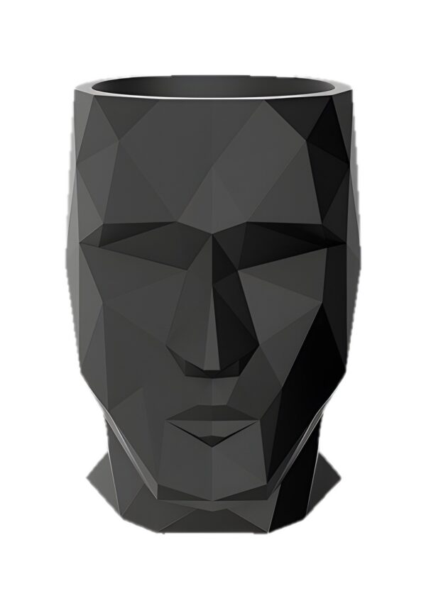 pot de fleurs extérieur design Adan tête facettée noire sur fond blanc