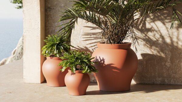pot extérieur design Venus Vondom en terre cuite sur une terrasse mediterraneenne
