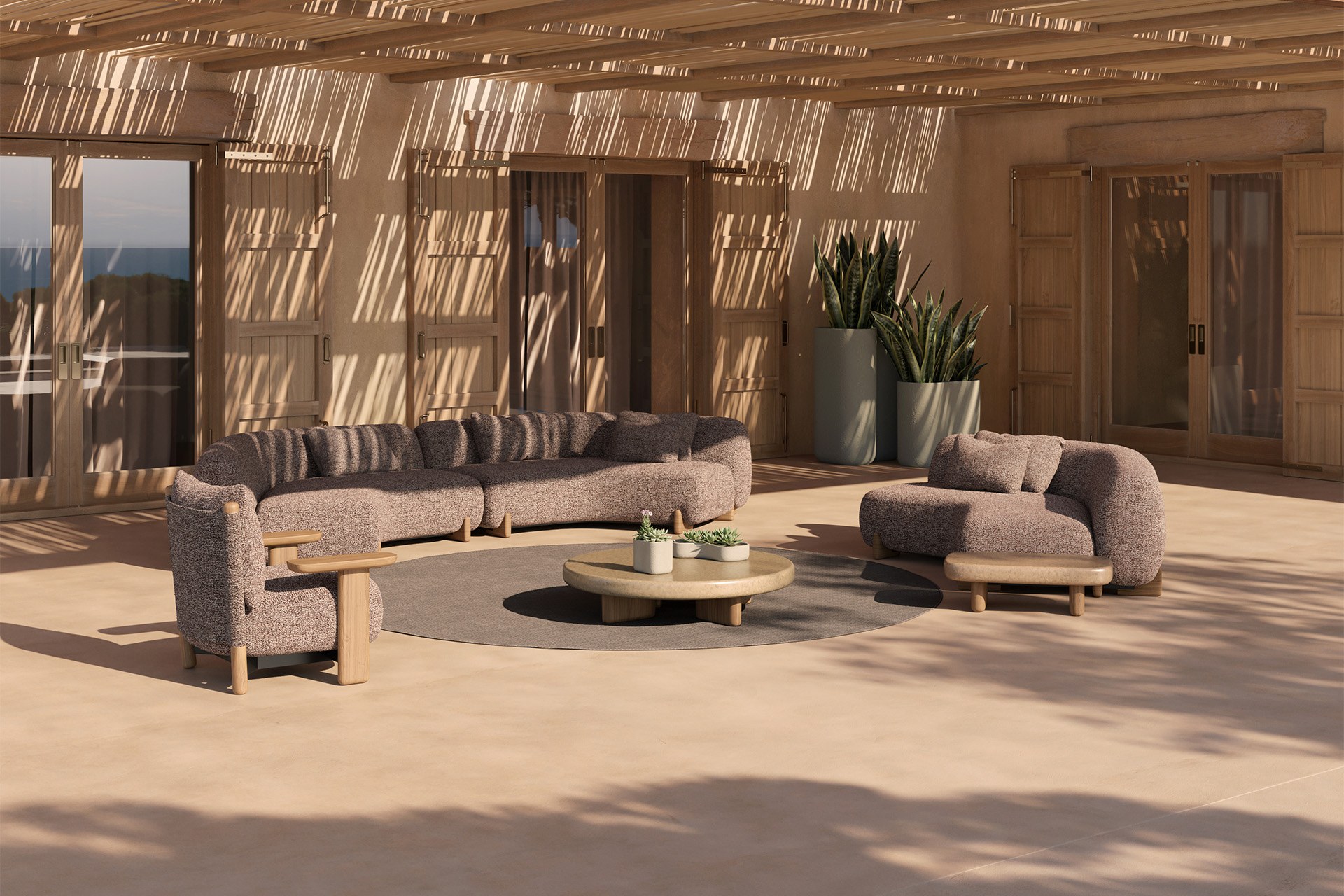 Pouf Milos en bouclé et iroko au design contemporain par Jean-Marie Massaud x Vondom pouf Milos Vondom en situation, photo d'ambiance