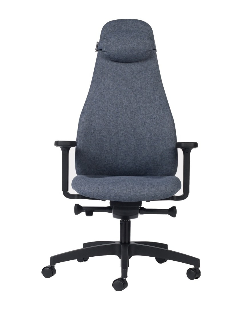 Siège ergonomique à haut dossier et têtière, tissu gris bleu
