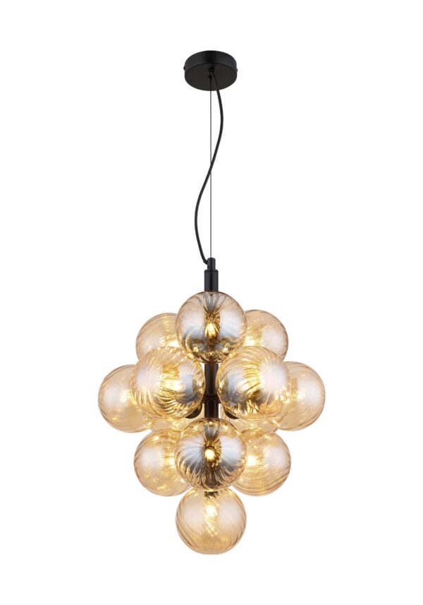 suspension 13 boules de verre, version ambre sur métal noir, fond blanc