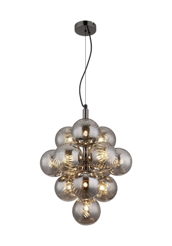 suspension 13 boules de verre, version fumé sur métal gunmetal, fond blanc