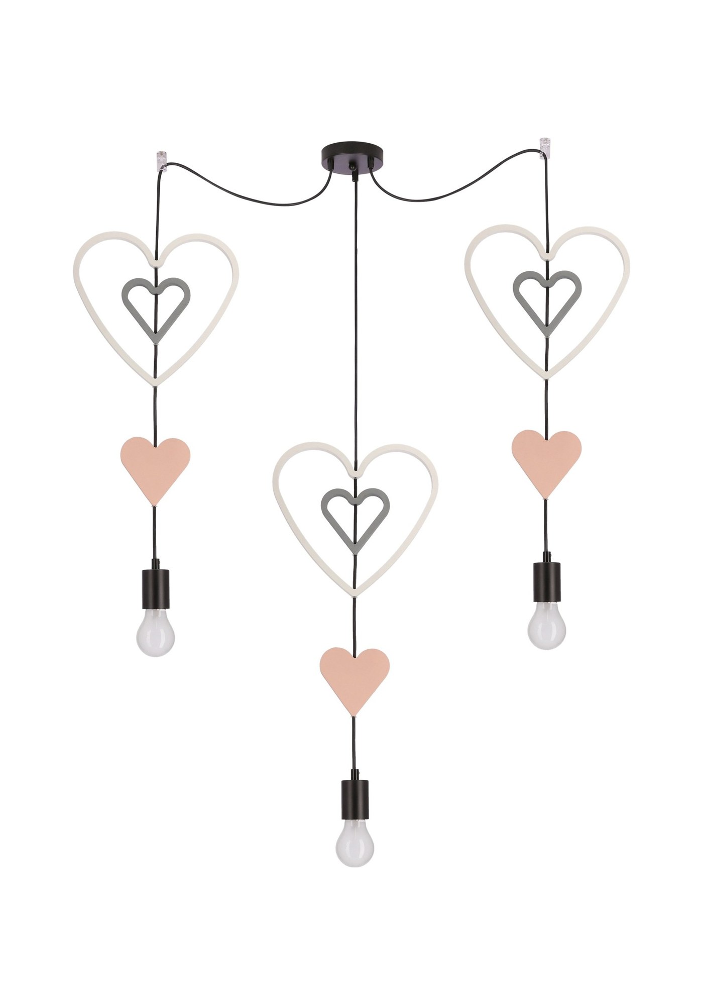 Suspension 3 lumières à motifs pour chambre d'enfant, noire, E27 suspension 3 lumières enfant cœurs blancs et roses