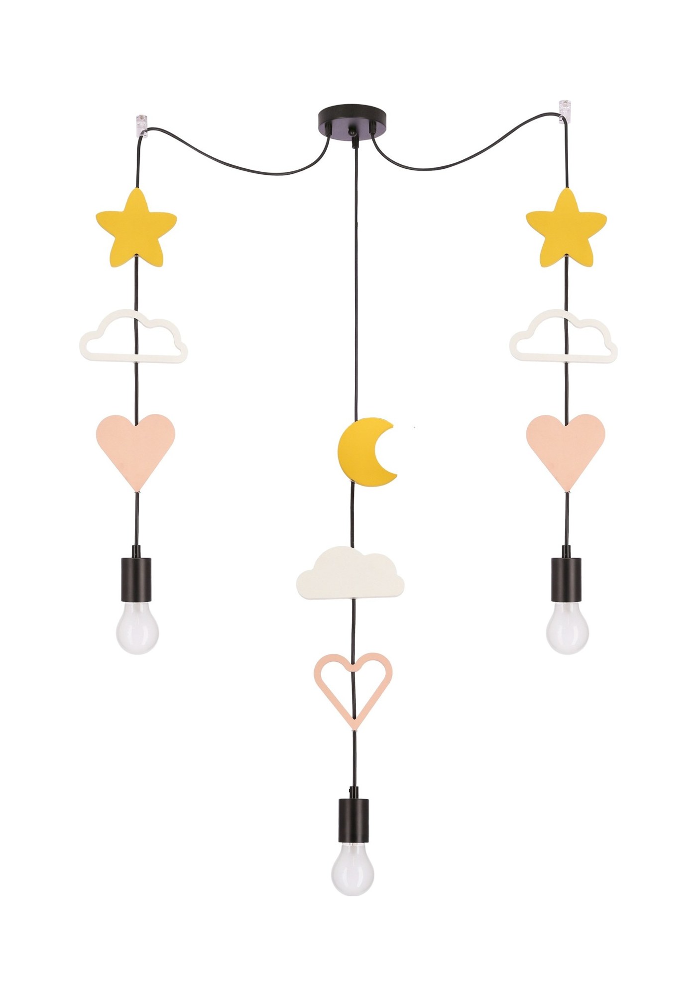 Suspension 3 lumières à motifs pour chambre d'enfant, noire, E27 suspension 3 lumières enfant étoiles jaunes nuages et cœurs roses