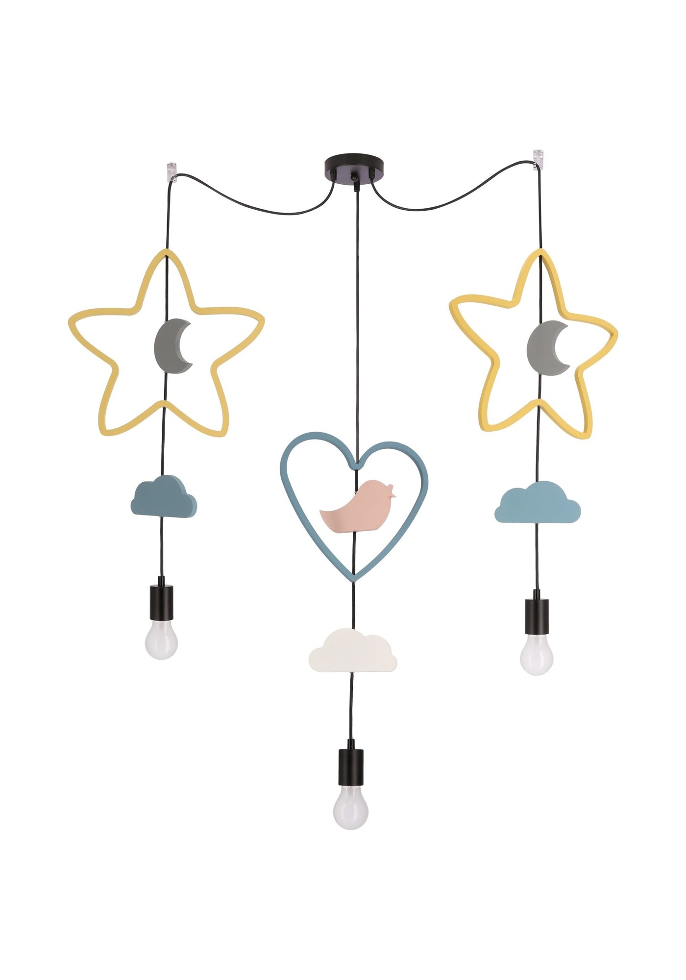Suspension 3 lumières à motifs pour chambre d'enfant, noire, E27 suspension 3 lumières enfant grandes étoiles dorées cœur bleu et oiseau
