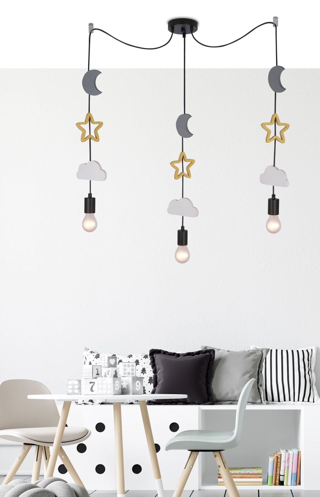 Suspension 3 lumières à motifs pour chambre d'enfant, noire, E27 suspension 3 lumières enfant lunes et étoiles dans une chambre d enfant