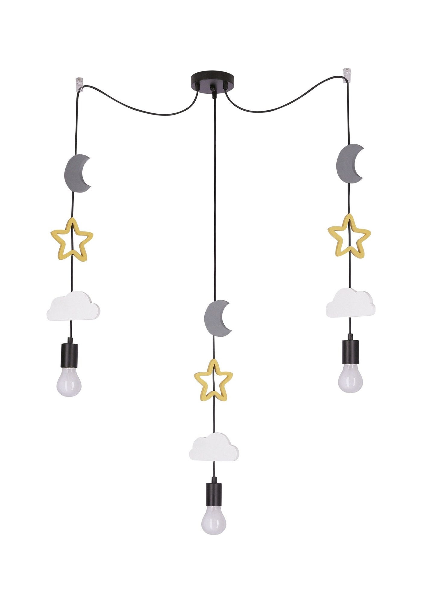 Suspension 3 lumières à motifs pour chambre d'enfant, noire, E27 suspension 3 lumières enfant lunes grises étoiles dorées et nuages blancs