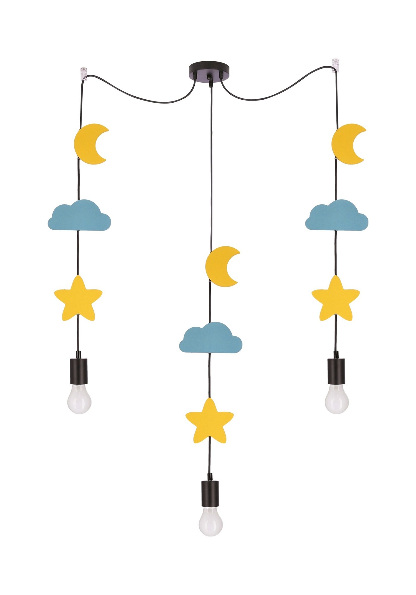 Suspension 3 lumières à motifs pour chambre d'enfant, noire, E27 suspension 3 lumières enfant lunes jaunes et nuages bleus