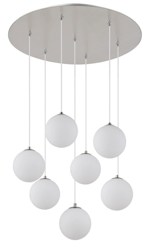 suspension 7 boules verre opale 7 boules opale éteintes sous rosace nickel mat