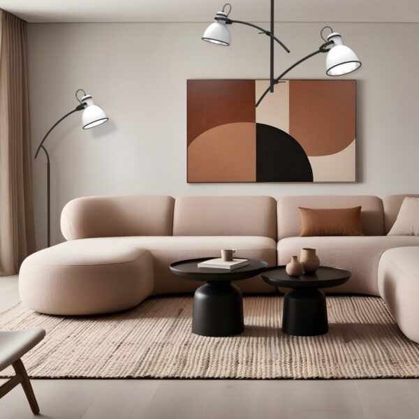 suspension à bras courbes à 2 lumières dans un salon beige avec canapé rose