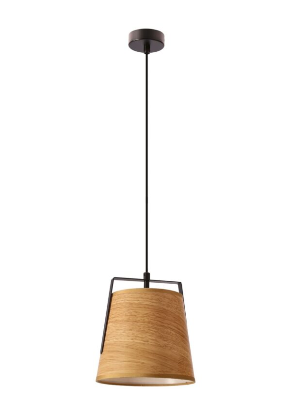 suspension abat-jour conique aspect bois sur fond blanc