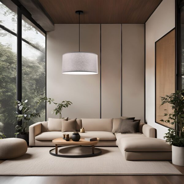 suspension abat-jour coton gris clair dans un salon