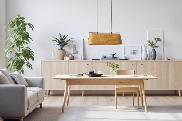 suspension abat-jour ovale aspect bois au dessus d une table en bois clair dans un séjour