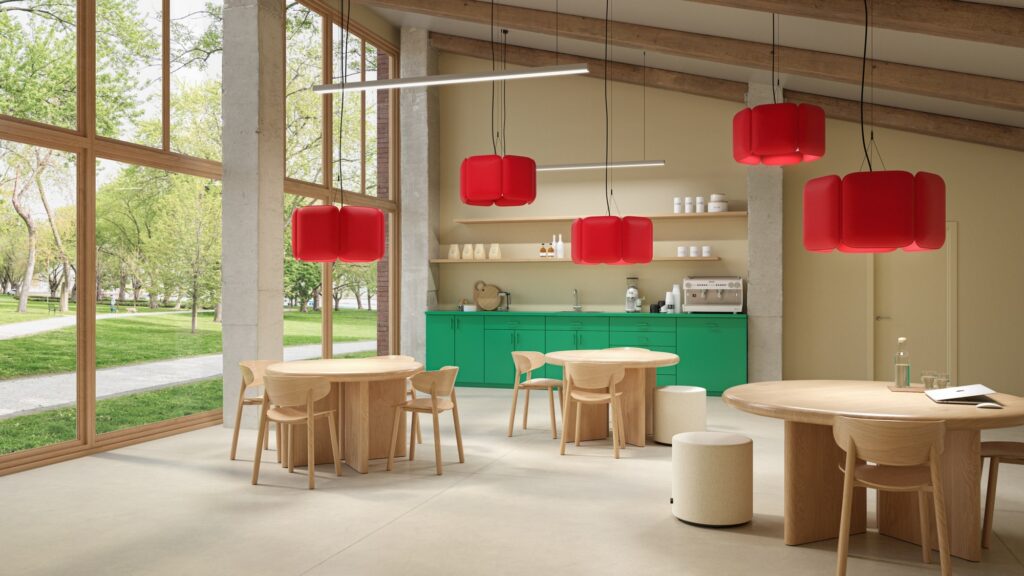 Luminaires acoustiques professionnels Suspensions acoustiques BuzziChicle Light dans une cafétéria