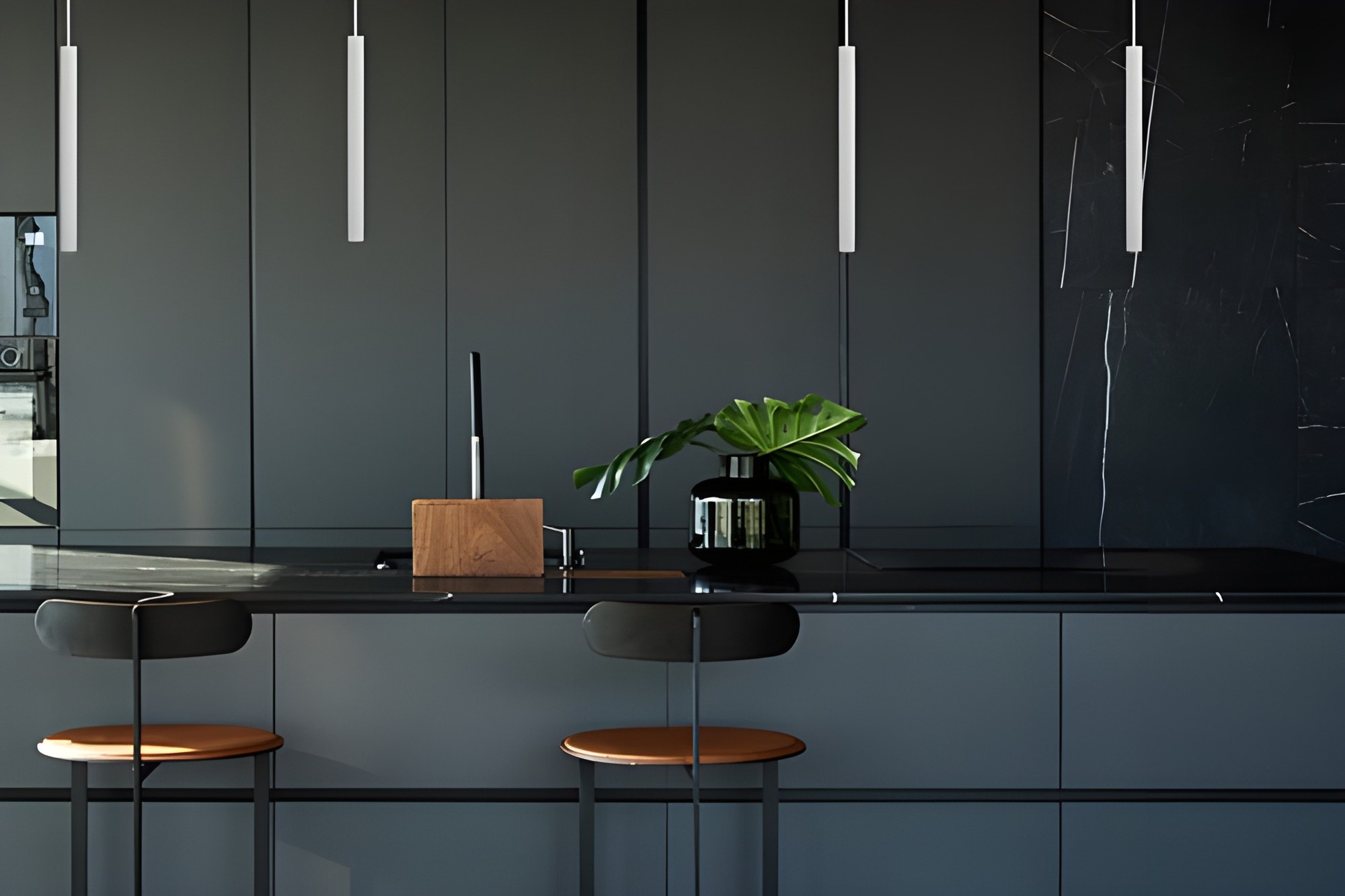 Suspension Asta LED blanche, tubes suspendus au-dessus d'un îlot de cuisine