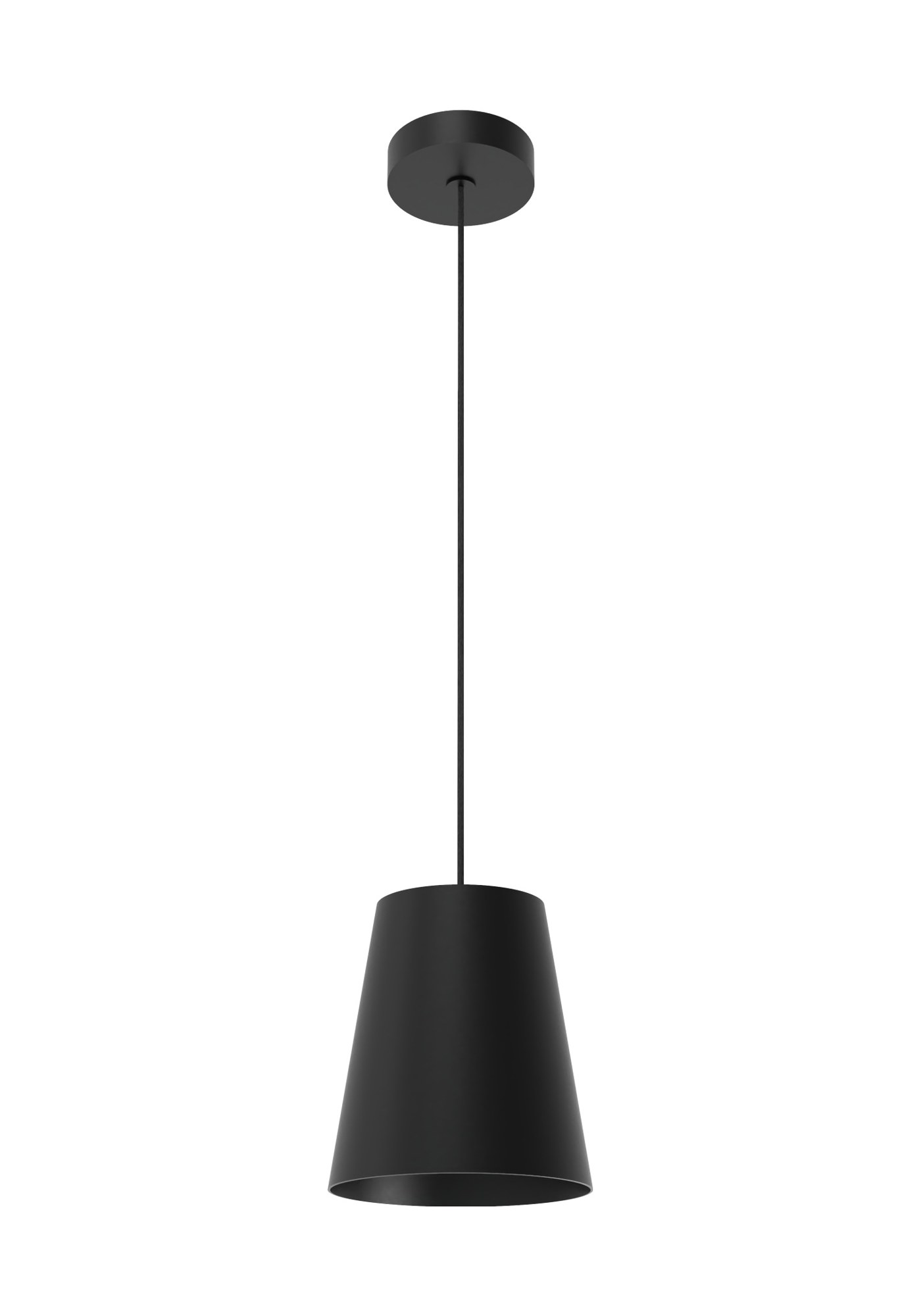 Suspension Astra en aluminium par Robin Lamps suspension Astra avec abat-jour conique en aluminium noir mat et câble textile, vue de face