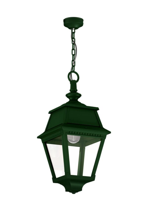 suspension Avenue 2 en aluminium vert anglais avec verre clair, rendu sur fond blanc