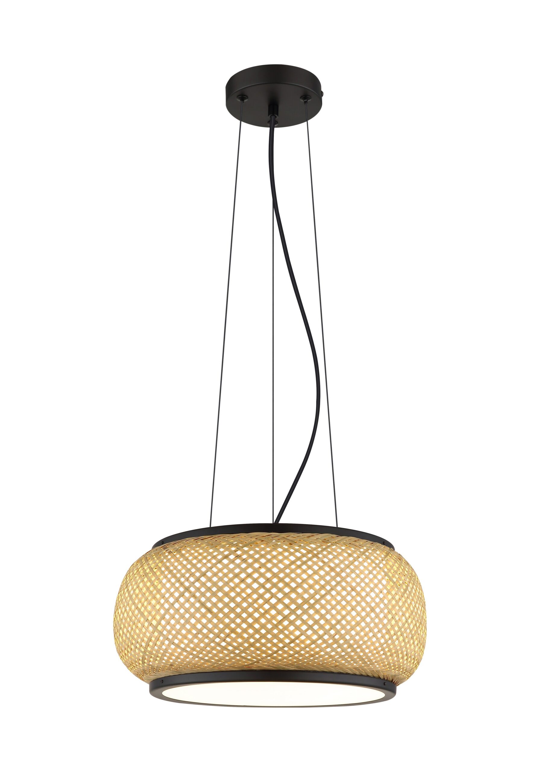Suspension bambou LED noir, 1 abat-jour Ø 38 cm ou 3 abat-jours suspension bambou LED 1 abat-jour Ø 38 cm en bambou tressé, structure noire, sur fond blanc