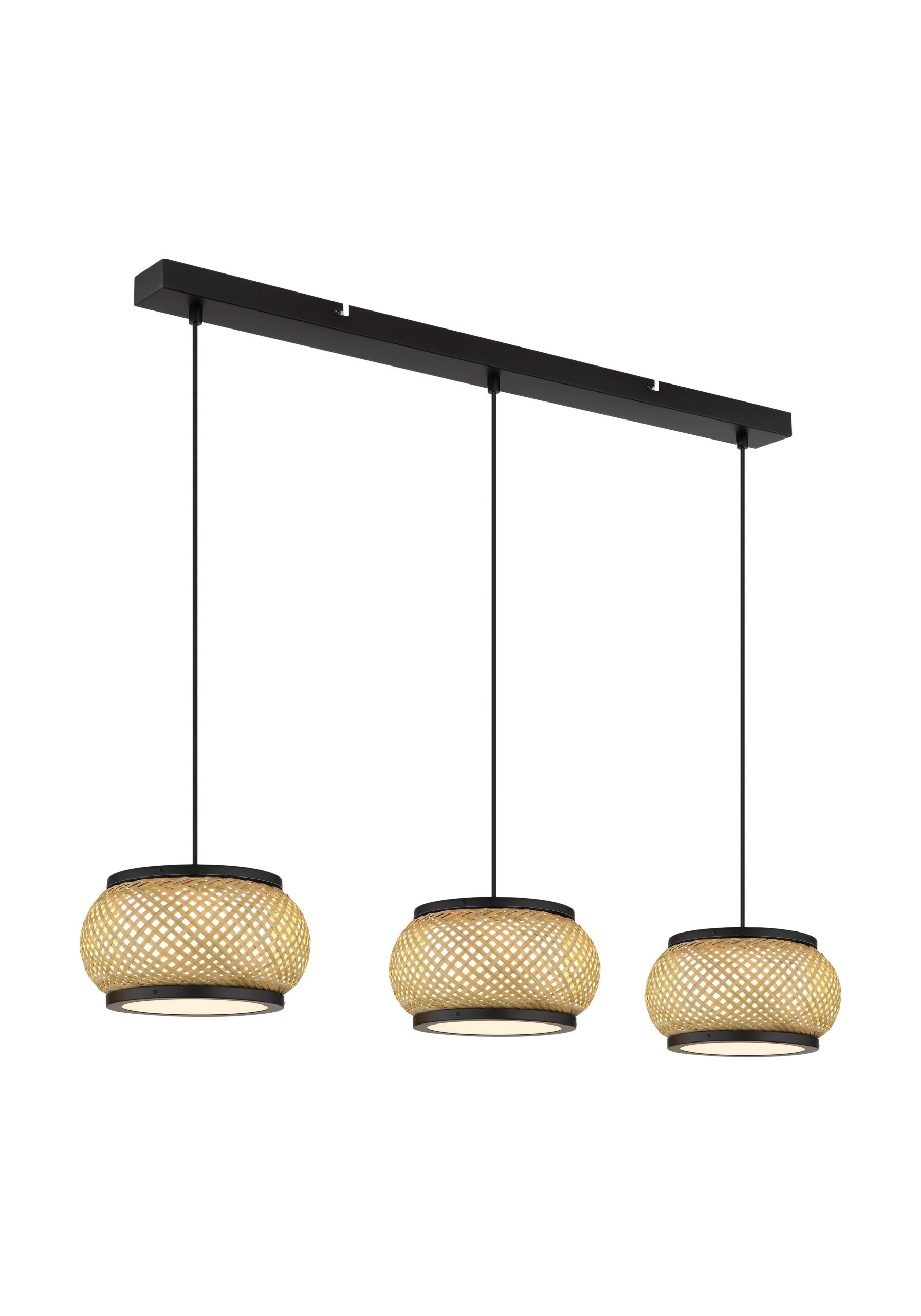 Suspension bambou LED noir, 1 abat-jour Ø 38 cm ou 3 abat-jours suspension bambou LED 3 abat-jours en bambou tressé sous un rail noir, sur fond blanc