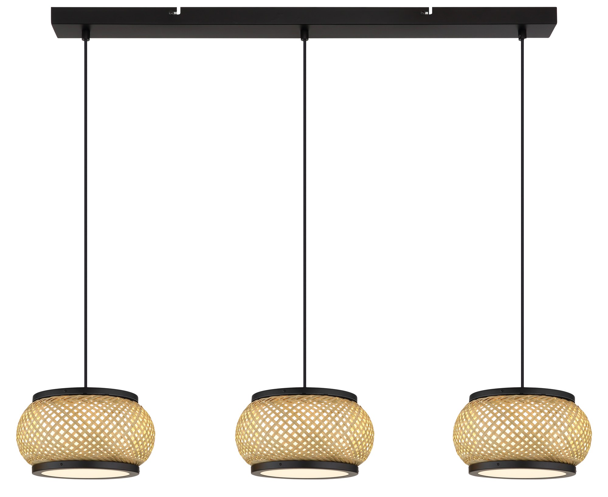 Suspension bambou LED noir, 1 abat-jour Ø 38 cm ou 3 abat-jours suspension bambou LED 3 abat-jours, vue de face sur fond blanc