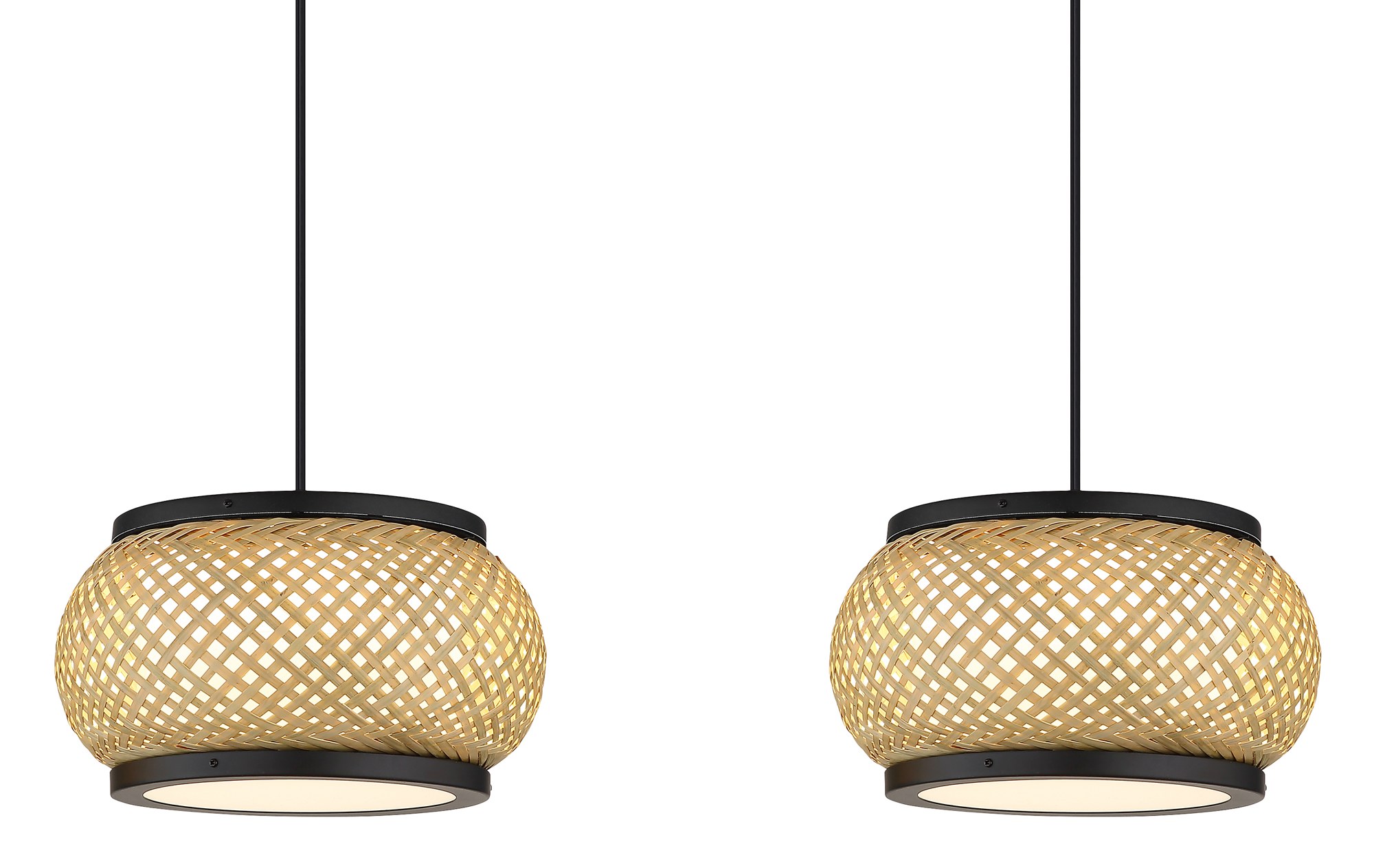 Suspension bambou LED noir, 1 abat-jour Ø 38 cm ou 3 abat-jours suspension bambou LED gros plan sur deux abat-jours en bambou tressé