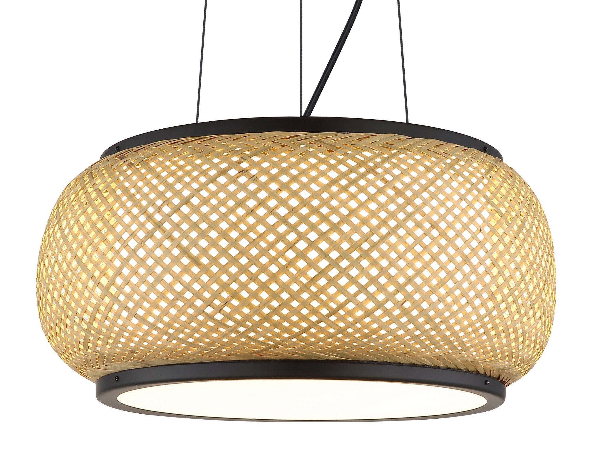 Suspension bambou LED noir, 1 abat-jour Ø 38 cm ou 3 abat-jours suspension bambou LED gros plan sur le tressage du bambou et la bague noire