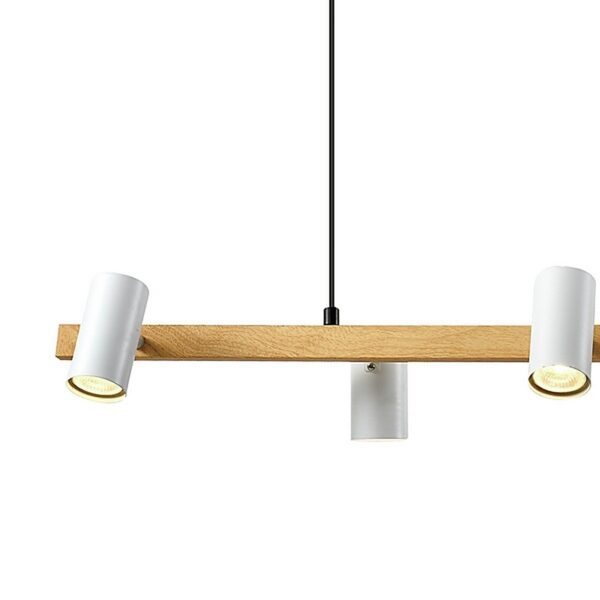 suspension barre bois spots gros plan sur les spots blancs et la barre en bois
