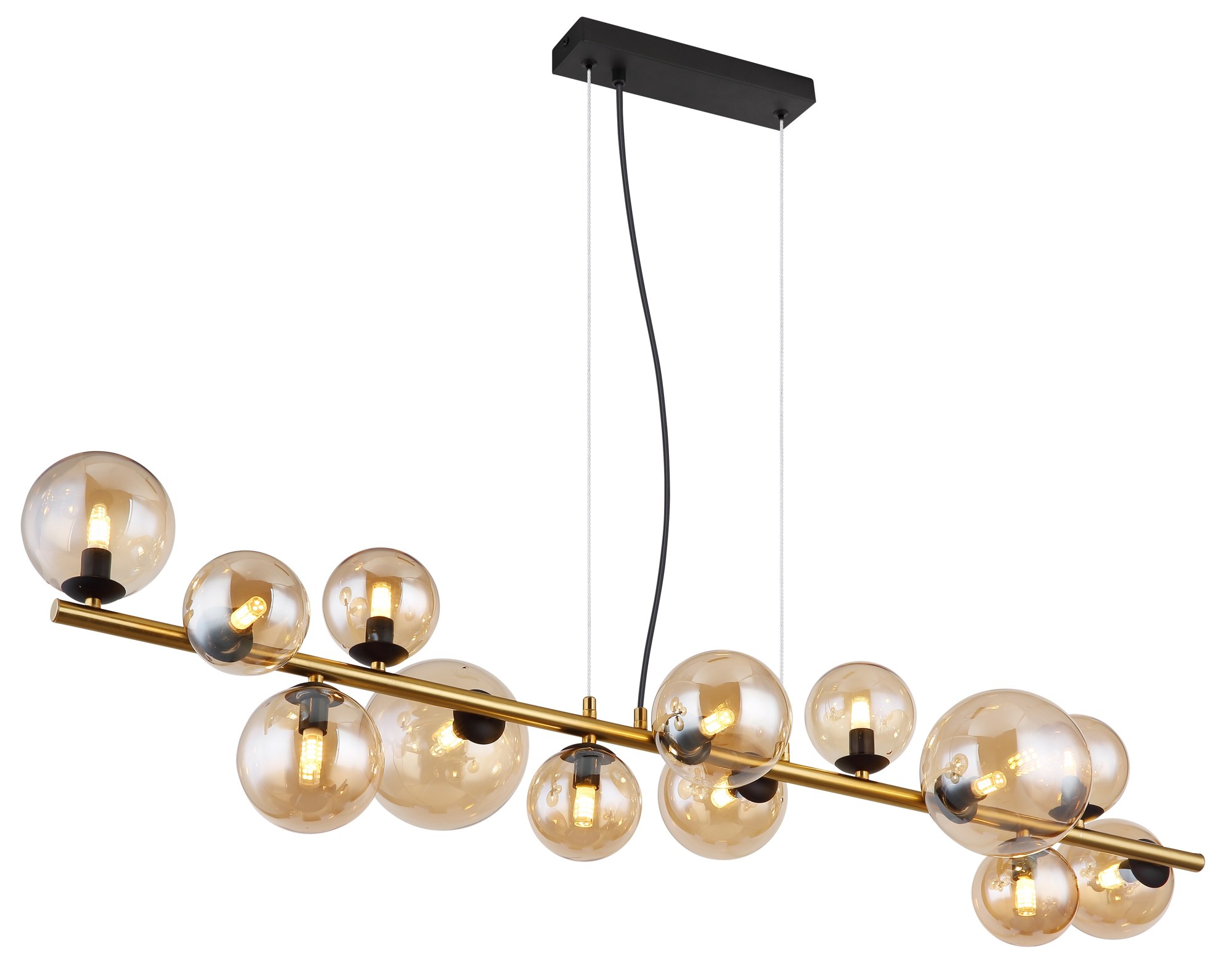 Suspension barre boules de verre, 9 ou 13 lumières, fumé, ambre ou bronze suspension barre boules de verre 13 boules ambrées sur barre à finition laiton mat, vue allumée