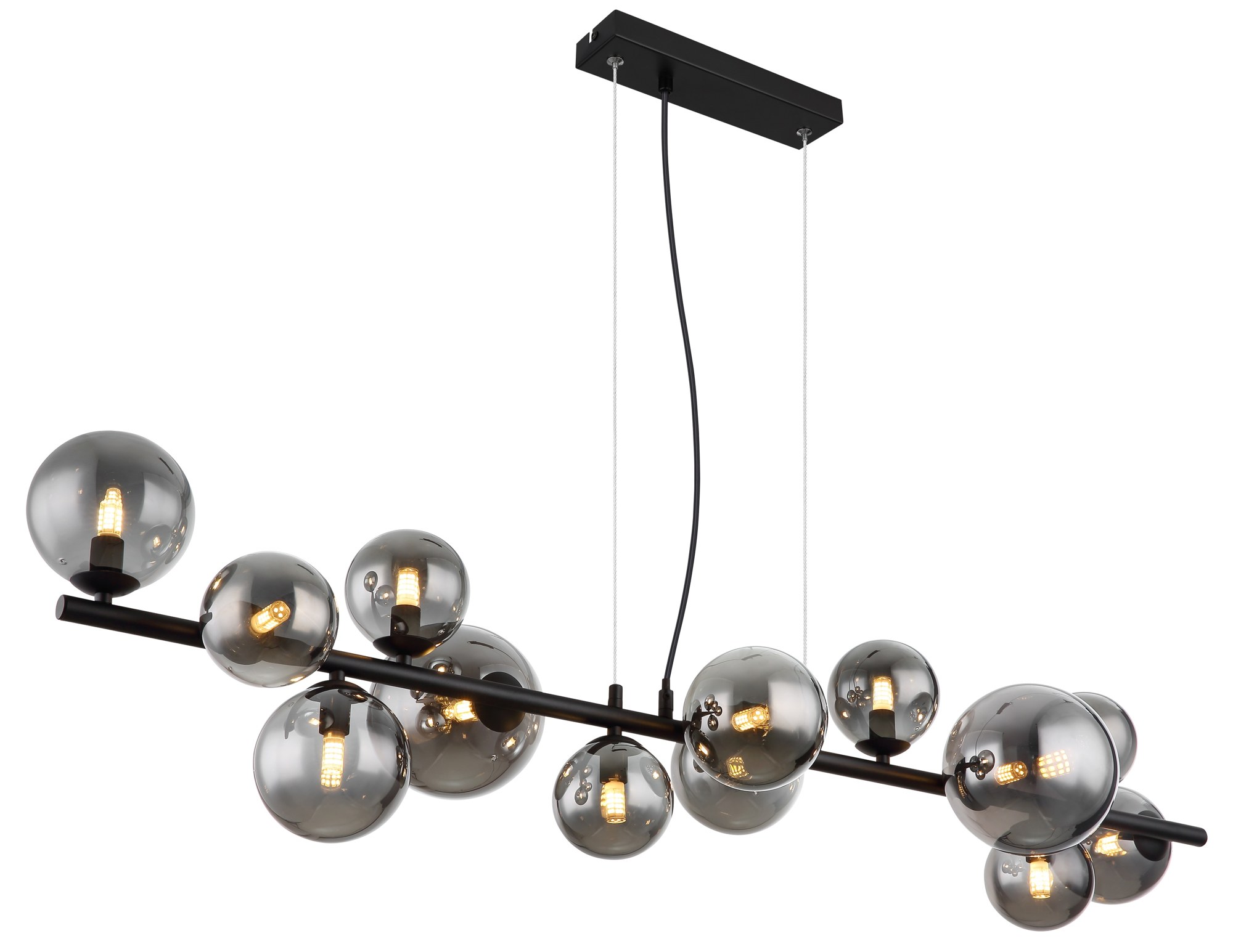 Suspension barre boules de verre, 9 ou 13 lumières, fumé, ambre ou bronze suspension barre boules de verre 13 boules fumées sur barre noire, vue allumée