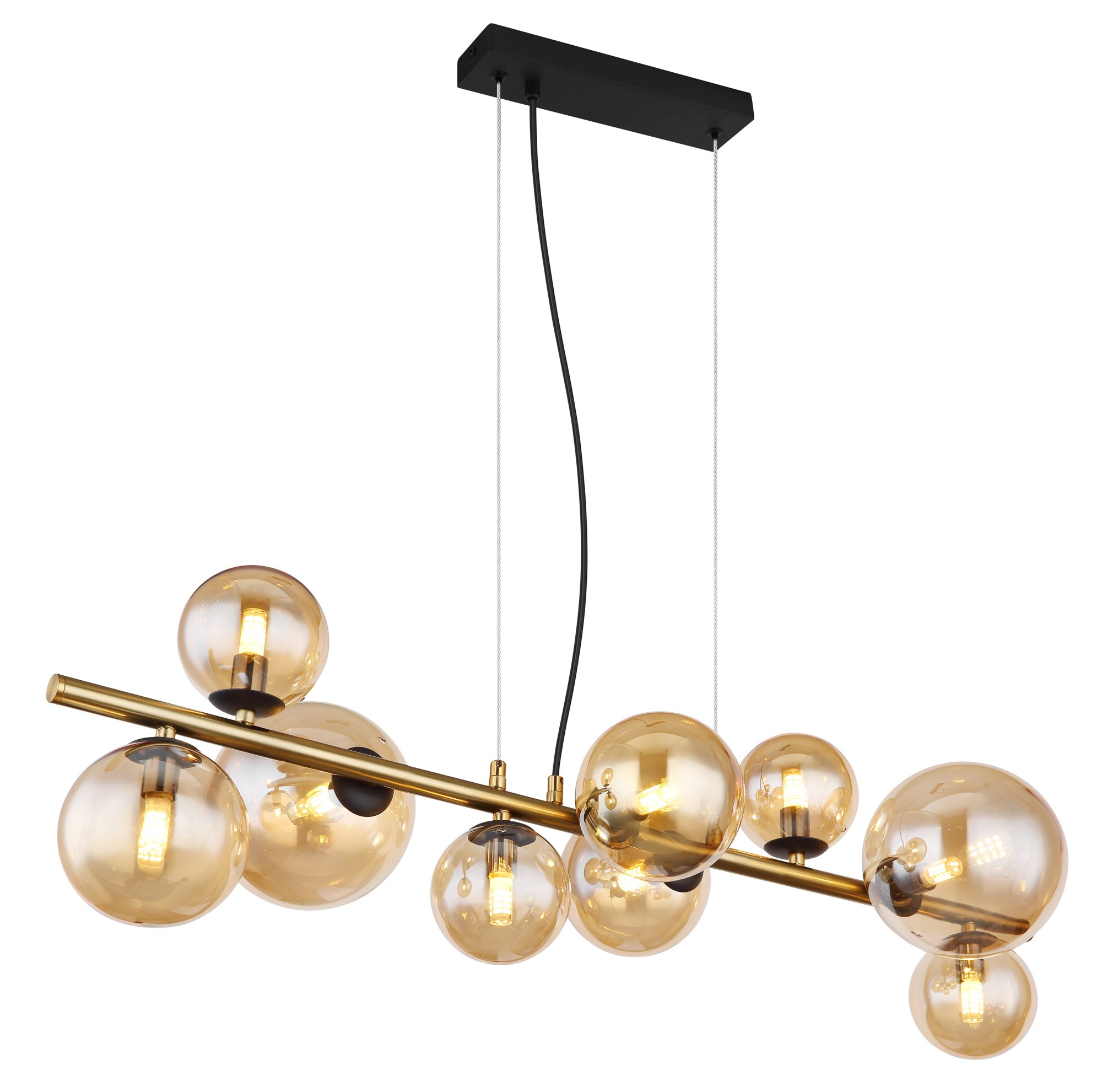 Suspension barre boules de verre, 9 ou 13 lumières, fumé, ambre ou bronze suspension barre boules de verre 9 boules ambrées sur barre à finition laiton mat, vue allumée